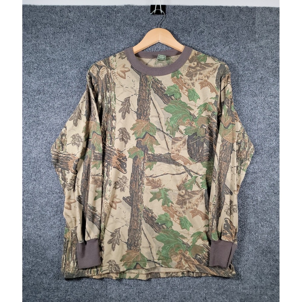 Vintage 90s Camouflage Hunting T-Shirt Large Pocket Front USA Made Long Sleeve